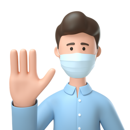 Mann trägt medizinische Maske und zeigt Stopp-Handgeste  3D Icon