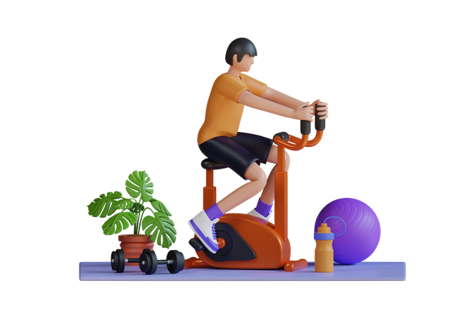 Mann trainiert auf einem Fitness-Fahrrad  3D Illustration