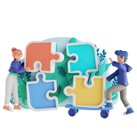 Mann und Frau lösen Puzzle  3D Illustration