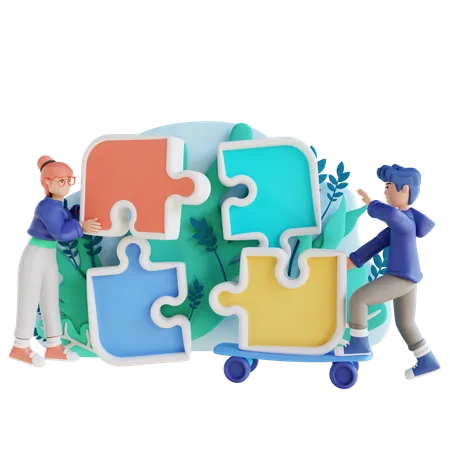 Mann und Frau lösen Puzzle  3D Illustration