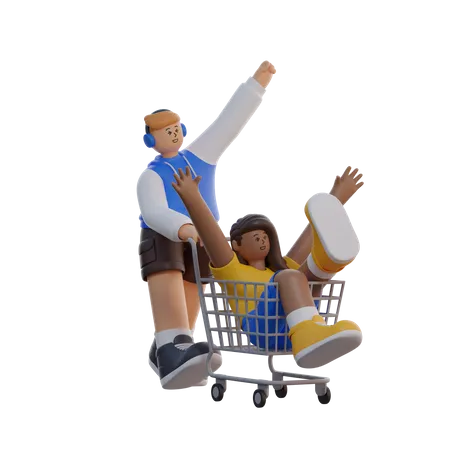 Mann und Frau mit Einkaufswagen  3D Illustration