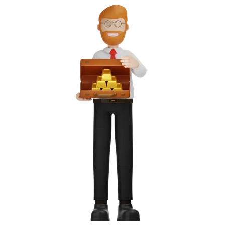 Charakter Mann Und Koffer Goldbarren 3 D Modell 3D Illustration