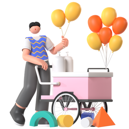 Mann verkauft Luftballons vom Ballonwagen  3D Illustration