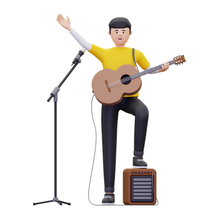 Mann winkt, während er eine Gitarre hält  3D Illustration