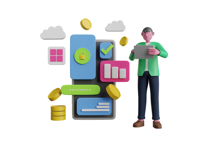 Mann zahlt über sichere Zahlungsoption  3D-Symbol