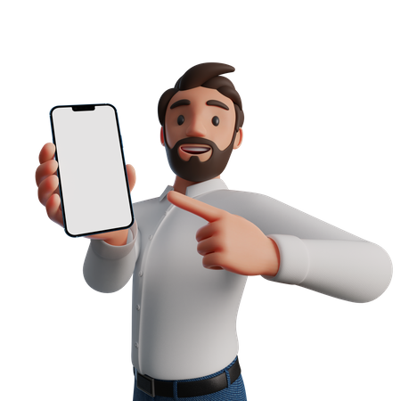 Mann zeigt auf leeren Smartphone-Bildschirm  3D Illustration