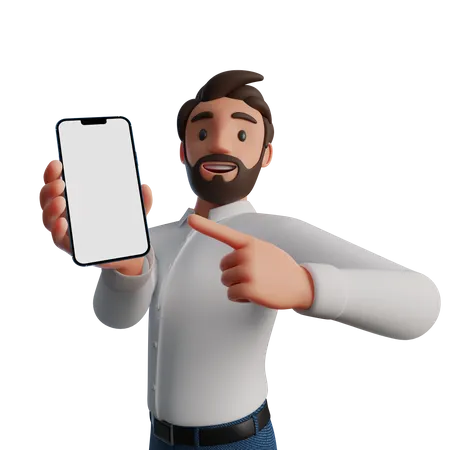 Mann zeigt auf leeren Smartphone-Bildschirm  3D Illustration