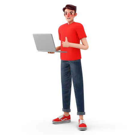 Mann zeigt Daumen hoch, während er Laptop benutzt  3D Illustration