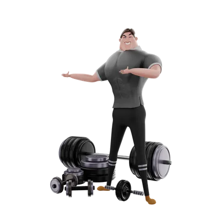 Mann zeigt Fitnessgeräte  3D Illustration