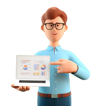 Mann zeigt mit dem Finger auf den Bildschirm eines Laptops mit Geschäftsdiagrammen  3D Illustration