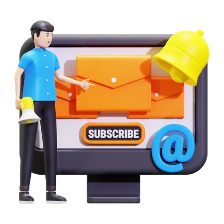 Mann zeigt Newsletter abonnieren  3D Illustration