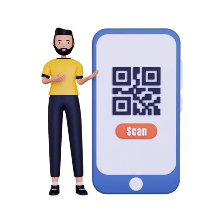 Mann zeigt QR-Code  3D Illustration