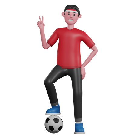 Mann zeigt Victory-Zeichen und ball  3D Illustration