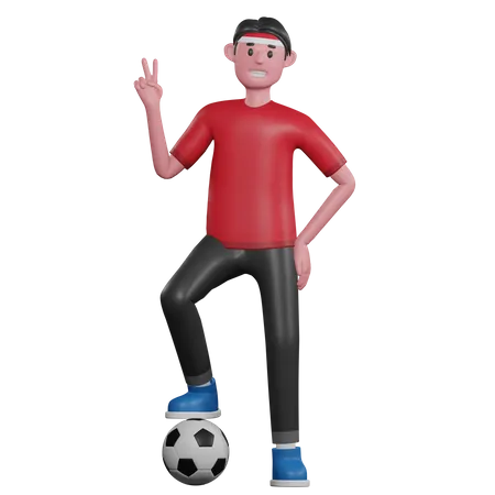 Mann zeigt Victory-Zeichen und ball  3D Illustration