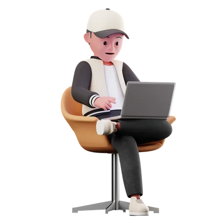 Männlicher Charakter, der auf einem Stuhl sitzt und einen Laptop benutzt  3D Illustration