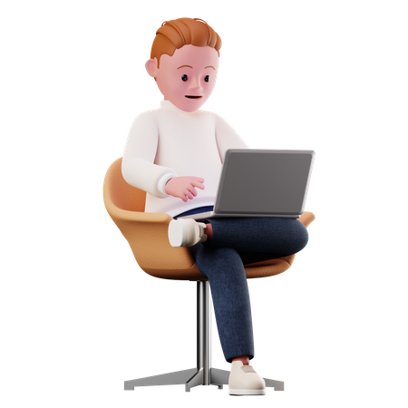 Männlicher Charakter, der auf einem Stuhl sitzt und einen Laptop benutzt  3D Illustration