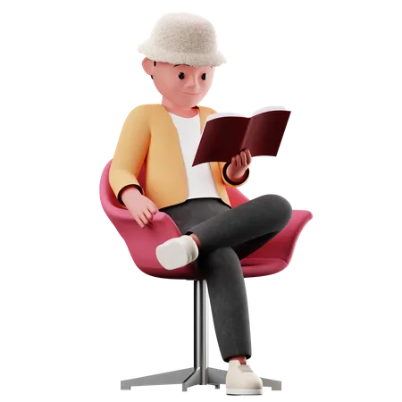 Männliche Figur, die auf einem Stuhl sitzt und ein Buch liest  3D Illustration