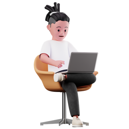 Männliche Figur sitzt und benutzt Laptop  3D Icon