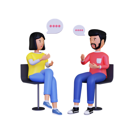 Männliche und weibliche Charaktere unterhalten sich, während sie auf einem Stuhl sitzen  3D Illustration