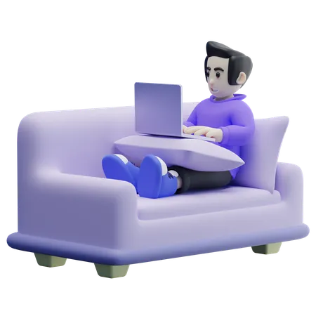 Männlicher Mitarbeiter, der von zu Hause aus arbeitet, während er auf seinem Sofa sitzt  3D Icon