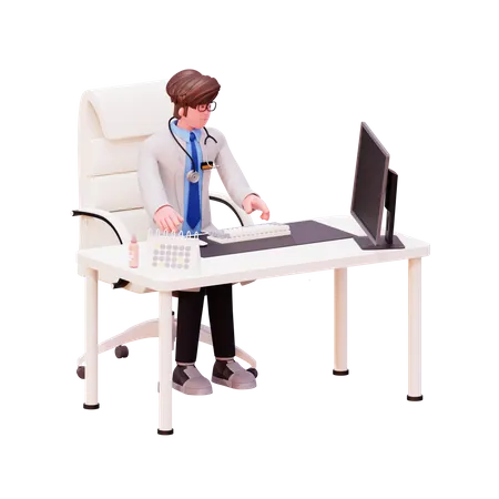 Männlicher Arzt arbeitet am Computer  3D Illustration