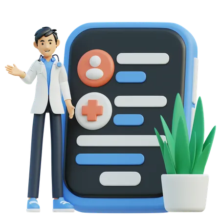 Männlicher Arzt mit Medizin-App fürs Telefon  3D Illustration
