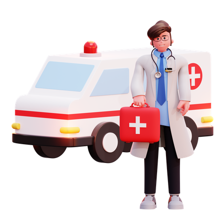 Männlicher Arzt steht neben Krankenwagen mit medizinischer Ausrüstung  3D Illustration