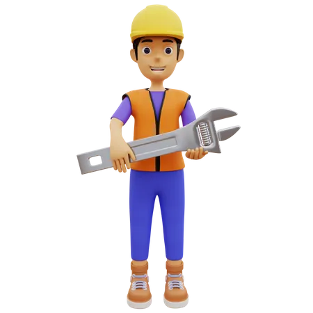 Männlicher Bauarbeiter mit Schraubenschlüssel  3D Illustration