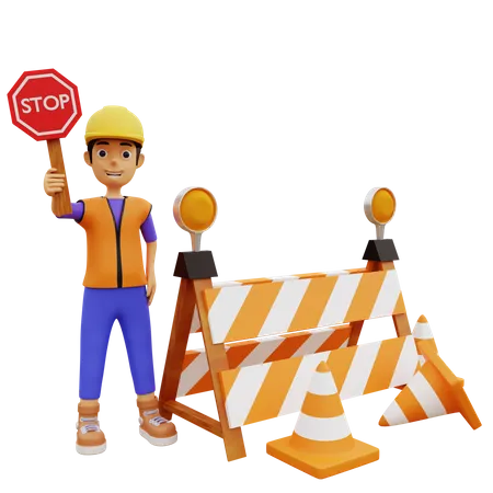 Männlicher Bauarbeiter mit Stoppschild  3D Illustration