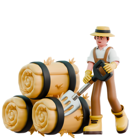 Männlicher Bauer arrangiert Heuhaufen  3D Illustration
