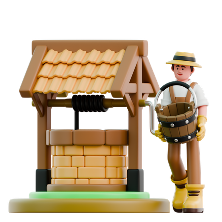 Männlicher Bauer holt Wasser aus Brunnen  3D Icon