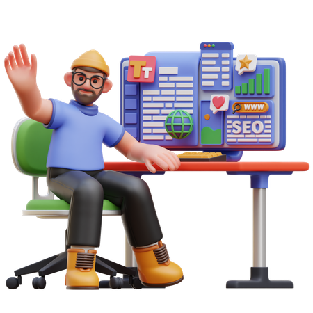 Männliche Figur am Schreibtisch mit SEO-Dashboard  3D Illustration