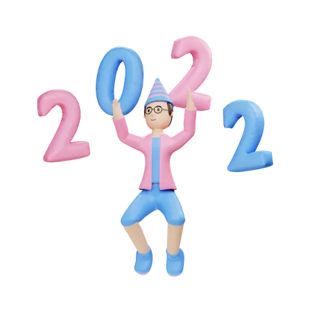 Männliche Figur mit 2022 Luftballons  3D Illustration