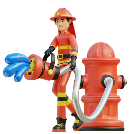 Männlicher Feuerwehrmann sprüht durch Hydranten  3D Illustration