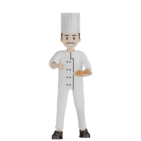 Männlicher Koch zeigt Brotteller mit Daumen nach oben  3D Illustration