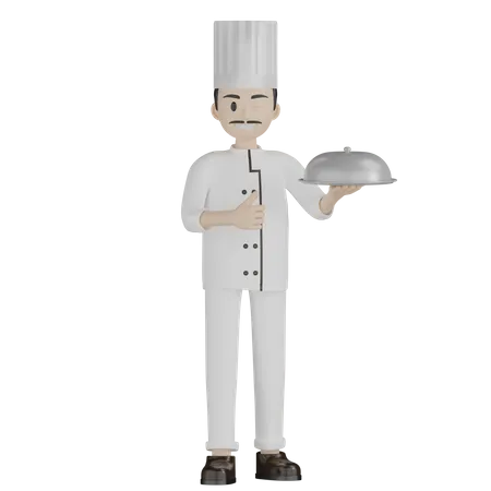 Männlicher Koch gibt Daumen hoch, während er Cloche hält  3D Illustration