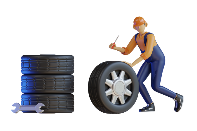 Männlicher Mechaniker repariert Reifen  3D Illustration