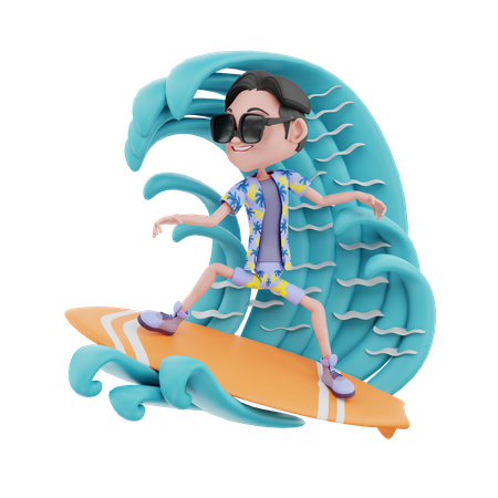 Männlicher Reisender beim Surfen im Meer  3D Illustration