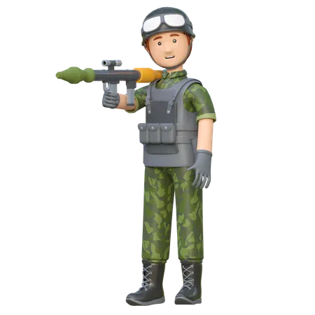 Männlicher Soldat hält RPG-Raketenwerfer  3D Illustration
