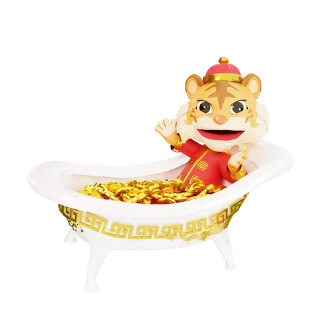 Männlicher Tiger auf Badewanne  3D Illustration