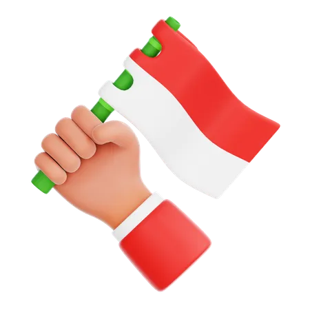 Mano sosteniendo la bandera de Indonesia en bambú  3D Icon