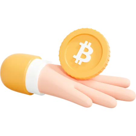 Mano sosteniendo moneda Bitcoin dorada  3D Icon