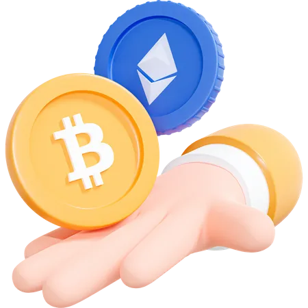 Mano sosteniendo monedas Bitcoin y Ethereum  3D Icon