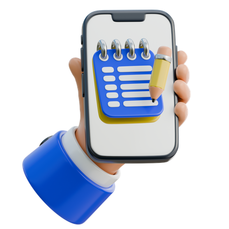 Mano sosteniendo un teléfono inteligente con un bloc de notas para anotar ideas  3D Icon