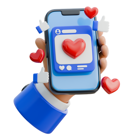Mano sosteniendo un teléfono inteligente rodeado de me gusta y corazones  3D Icon