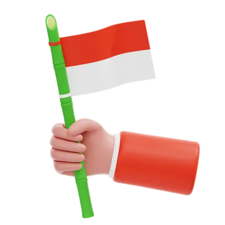 Mano sosteniendo la bandera indonesia de bambú  3D Icon