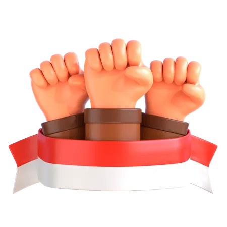 Manos levantadas con la bandera de Indonesia.  3D Icon