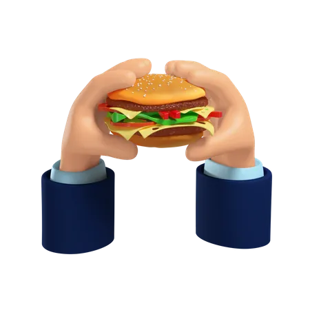 Manos sosteniendo hamburguesa con queso  3D Illustration