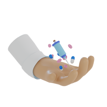 Mão do médico carregando injeções e pílulas de saúde  3D Icon