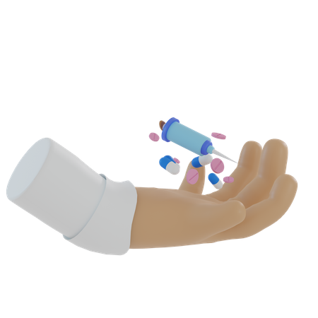 Mão do médico carregando injeções e pílulas de saúde  3D Icon